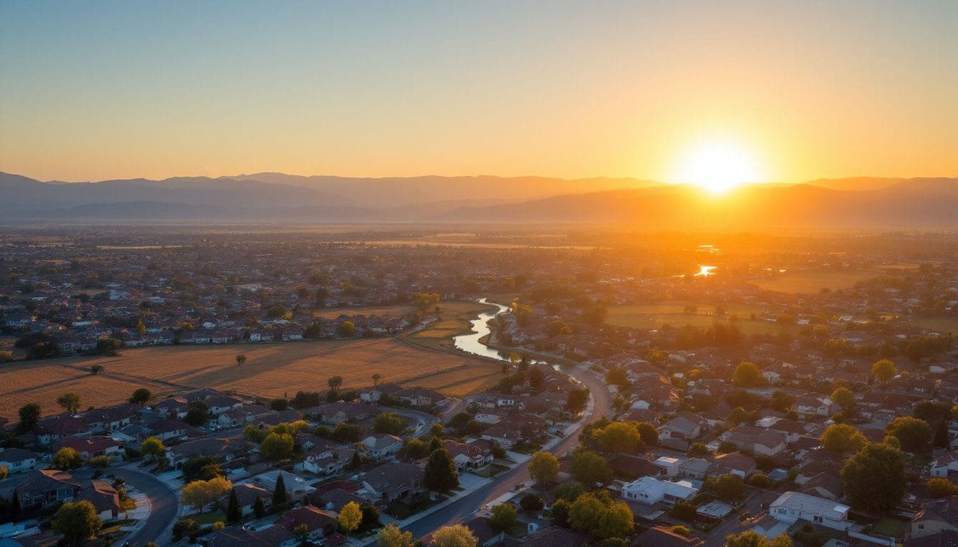 Aerial view of Bakersfield valley with golf courses and mountains